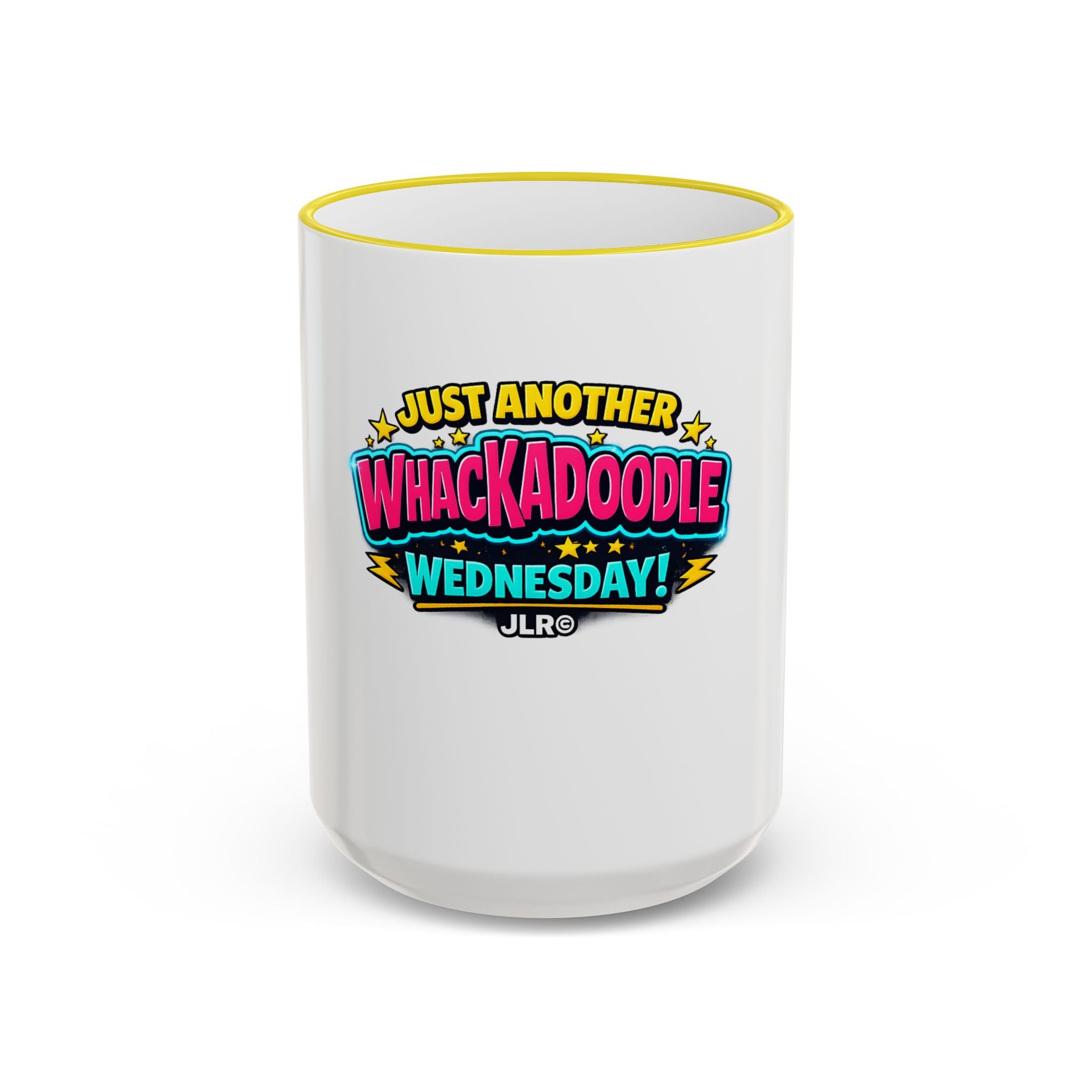 Whackadoodle Wednesday 15oz white ceramic coffee mug with yellow rim and handle and bold graphic print — JLR Investigates