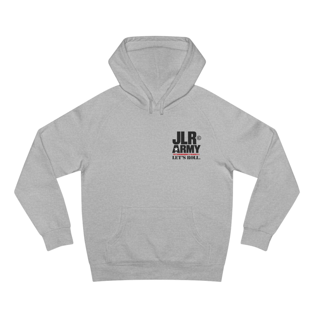 Athletic Heather JLR© Army “Let’s Roll” hoodie with a small left-chest logo, front view.