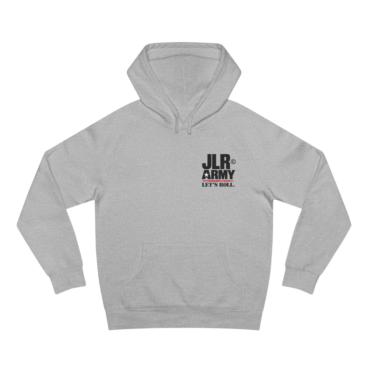 Athletic Heather JLR© Army “Let’s Roll” hoodie with a small left-chest logo, front view.