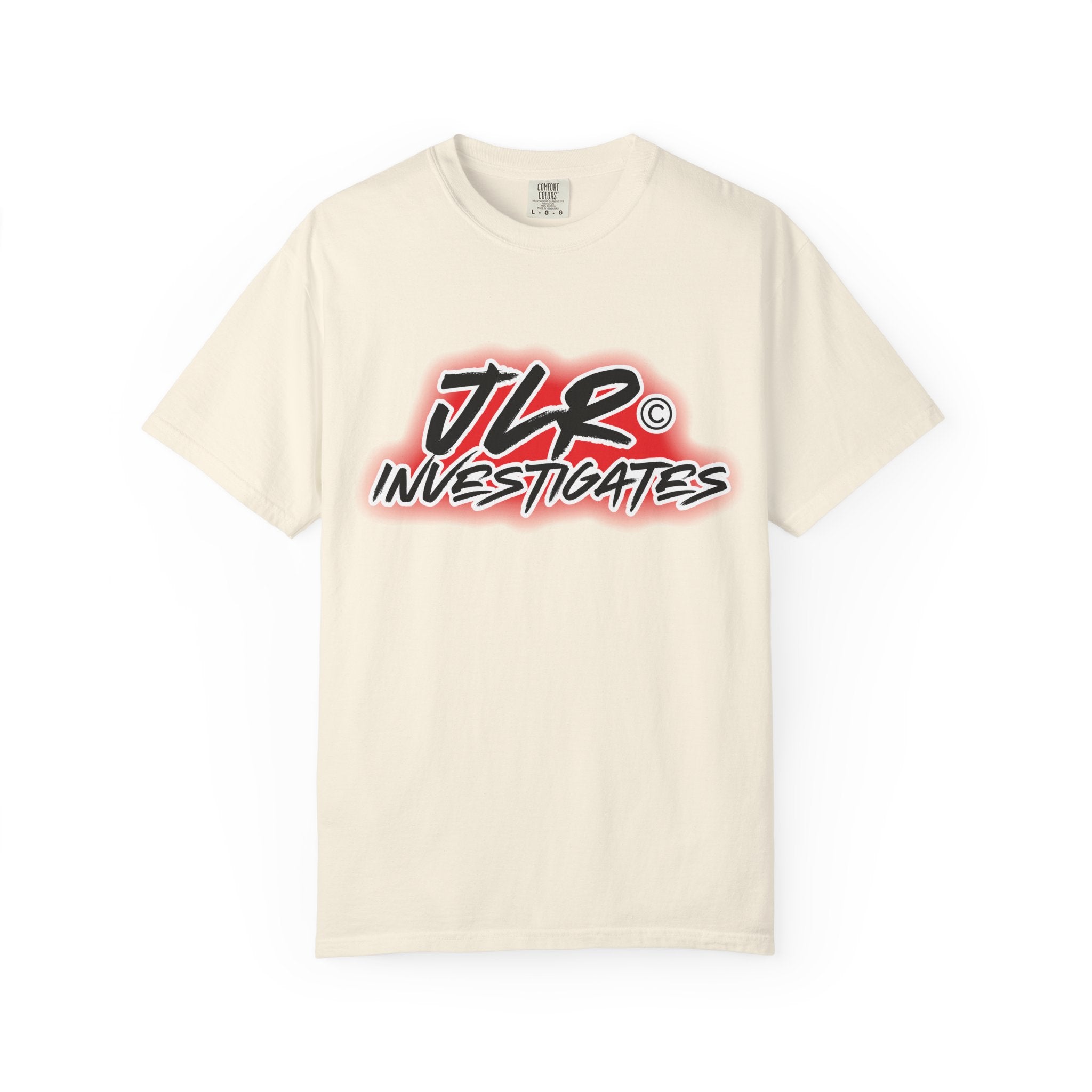 JLR© Investigates t-shirt in Ivory — front graphic view
