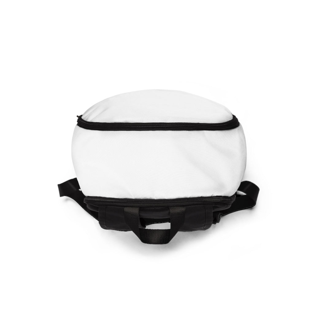 JLR Army backpack top view — black carry handle and strap hardware — white nylon — JLR Investigates