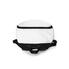 JLR Army backpack top view — black carry handle and strap hardware — white nylon — JLR Investigates