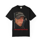 Black unisex t-shirt featuring a photo graphic of Jonathan Lee Riches wearing a JLR Investigates cap, with 'Jonathan Lee Riches' in vertical text and 'INVESTIGATES' in bold red lettering below