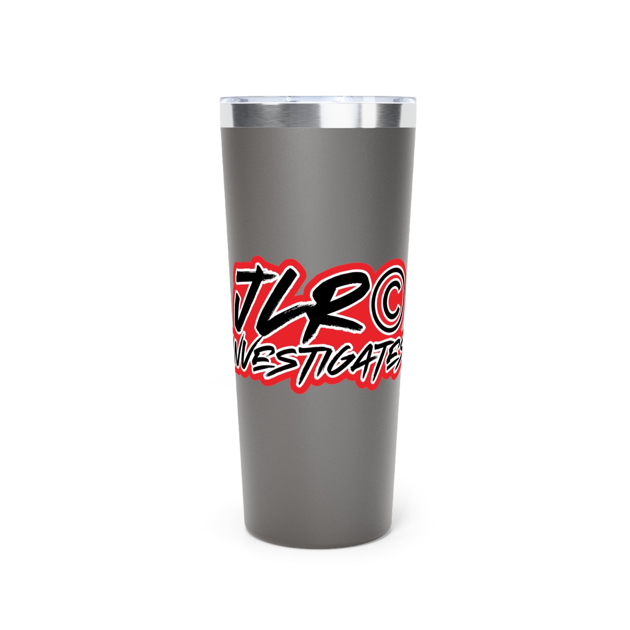 JLR© Bold Logo insulated thermos — grey color - keeps coffee hot — branded drinkware — JLR Investigates
