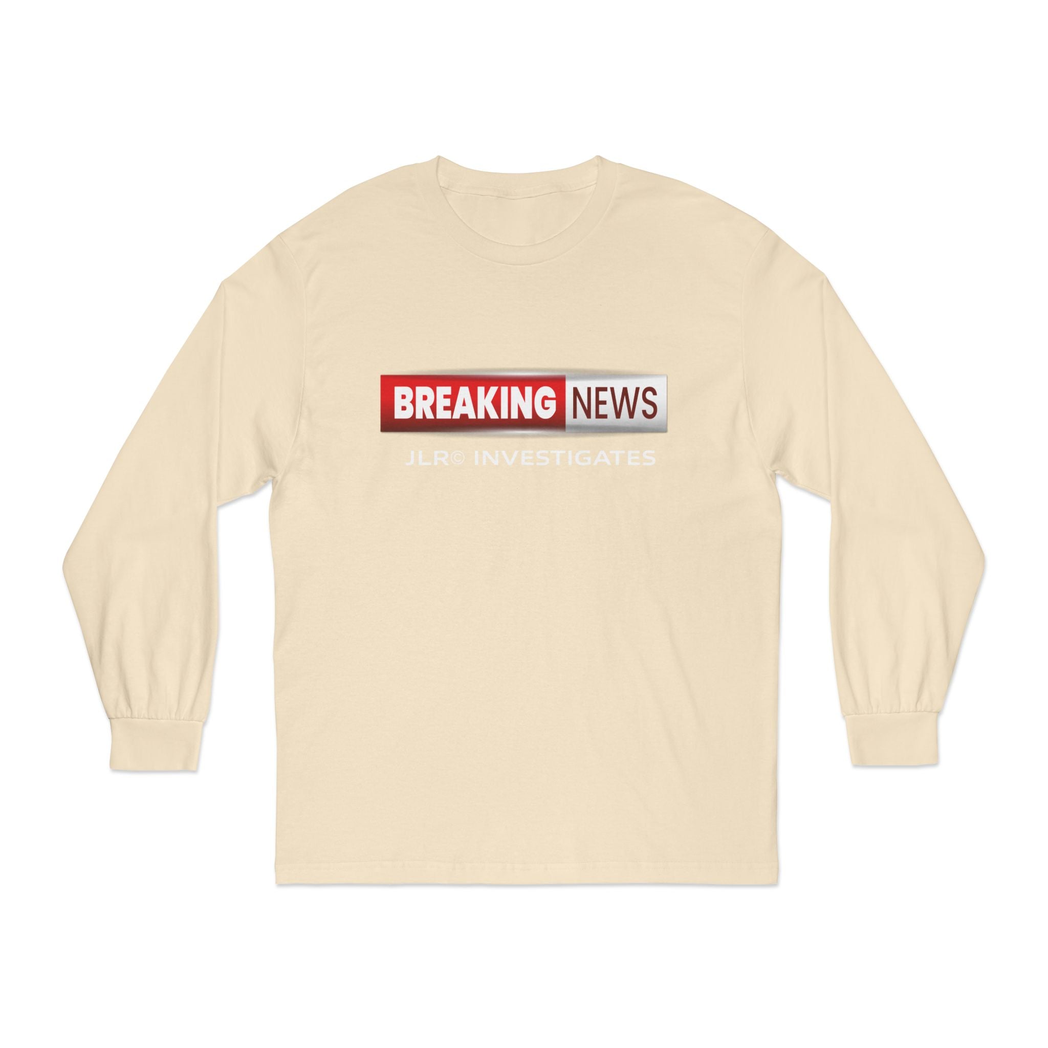 Beige long-sleeve shirt with 'Breaking News' graphic on a white background