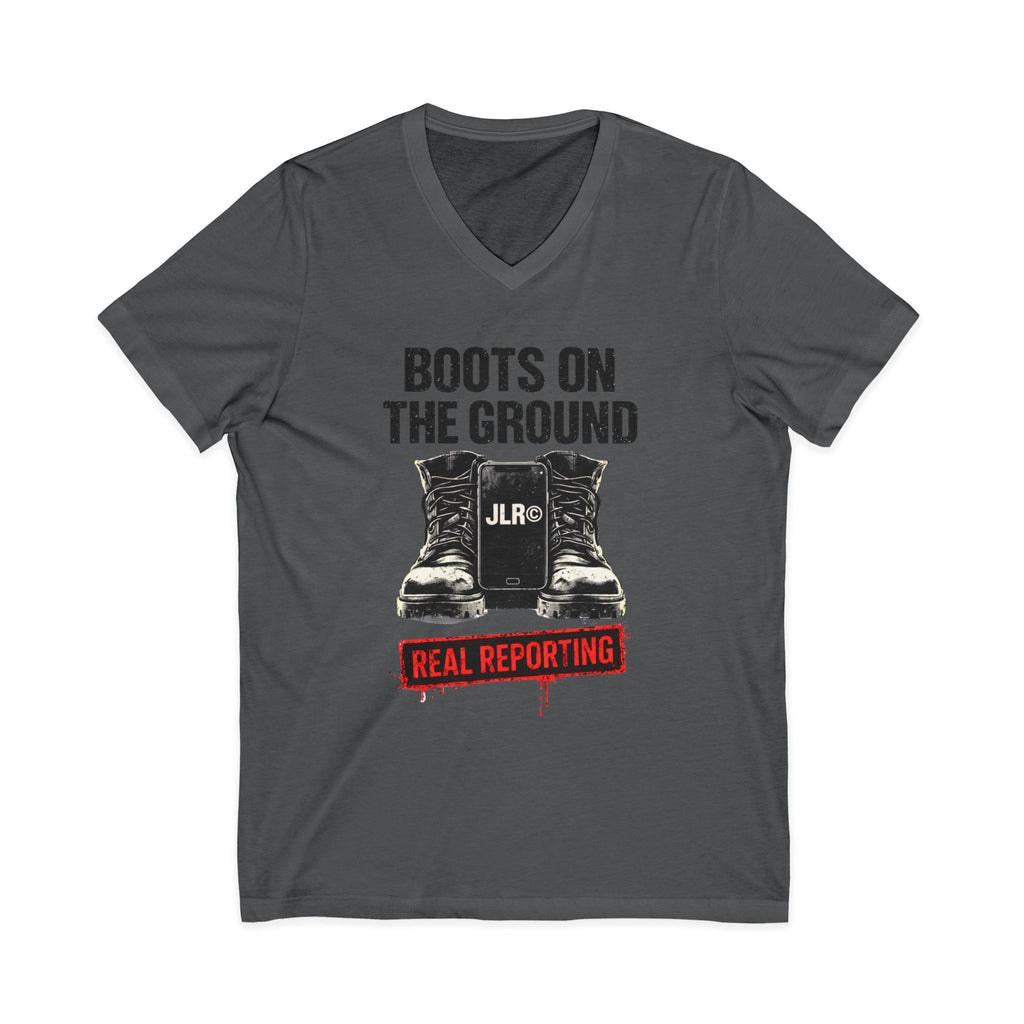 Gray V-neck t-shirt with 'Boots on the Ground' and 'JLR' graphic on a white background