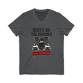 Gray V-neck t-shirt with 'Boots on the Ground' and 'JLR' graphic on a white background