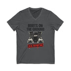 Gray V-neck t-shirt with 'Boots on the Ground' and 'JLR' graphic on a white background