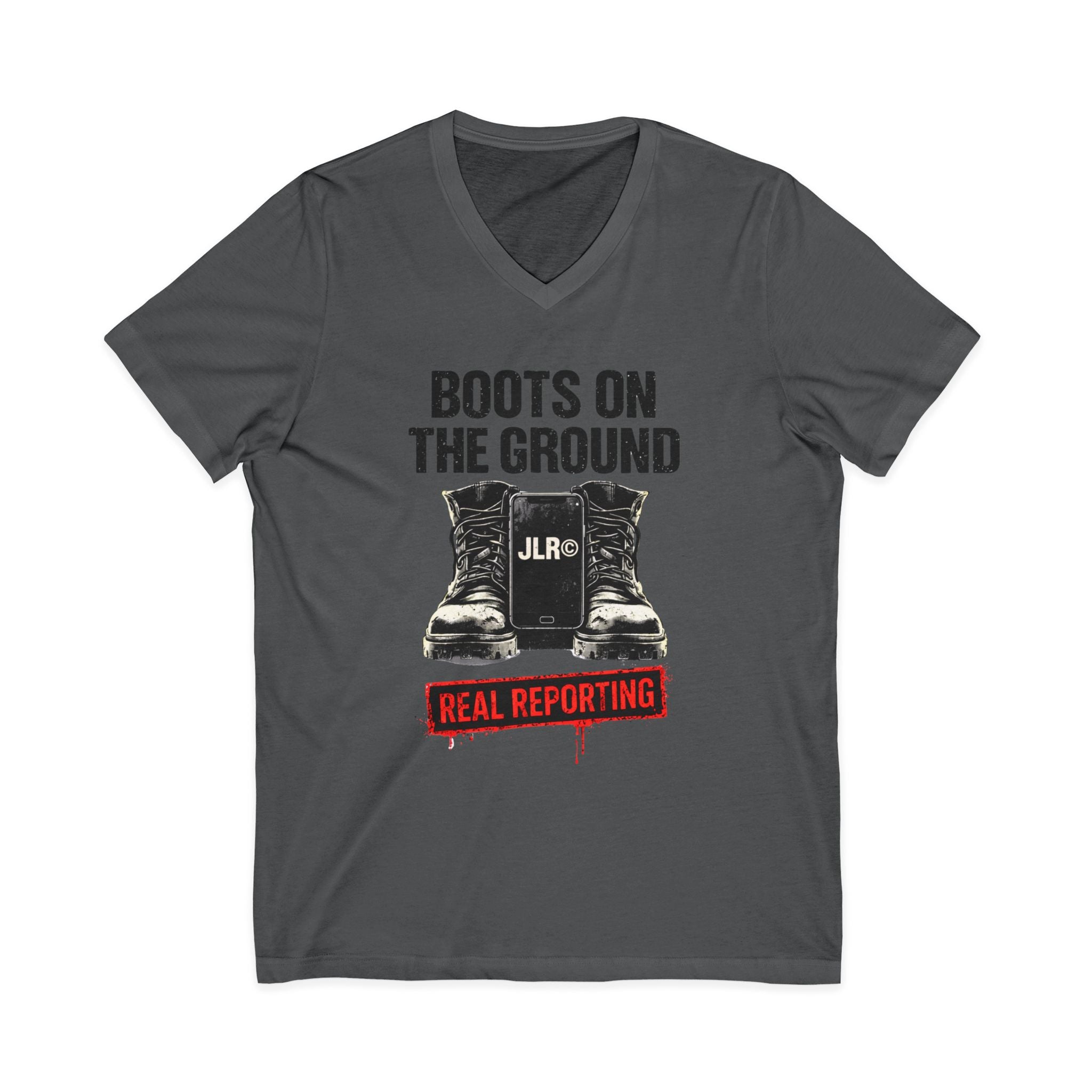 Gray V-neck t-shirt with 'Boots on the Ground' and 'JLR' graphic on a white background