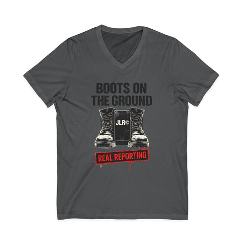 Gray V-neck t-shirt with 'Boots on the Ground' and 'JLR' graphic on a white background