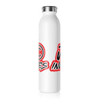 JLR Investigates 20oz insulated water bottle side view— bold red and black JLR Investigates graffiti-style graphic — white stainless steel — JLR Investigates