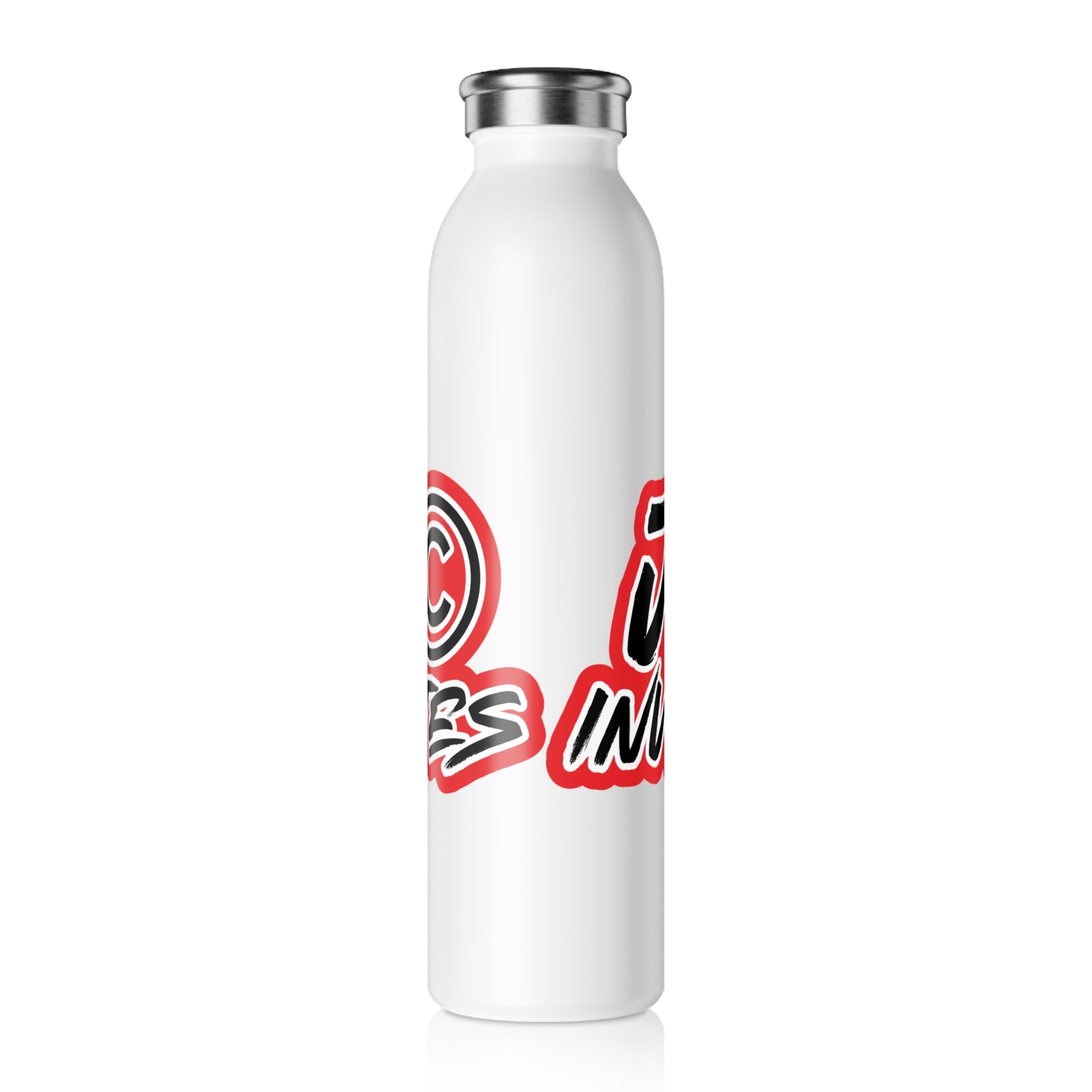 JLR Investigates 20oz insulated water bottle side view— bold red and black JLR Investigates graffiti-style graphic — white stainless steel — JLR Investigates