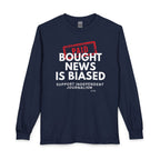 A navy blue long-sleeve t-shirt with a graphic print on the front. The graphic features a red stamp reading 'PAID' over bold white text that says 'BOUGHT NEWS IS BIASED' and smaller white text below reading 'SUPPORT INDEPENDENT JOURNALISM'.