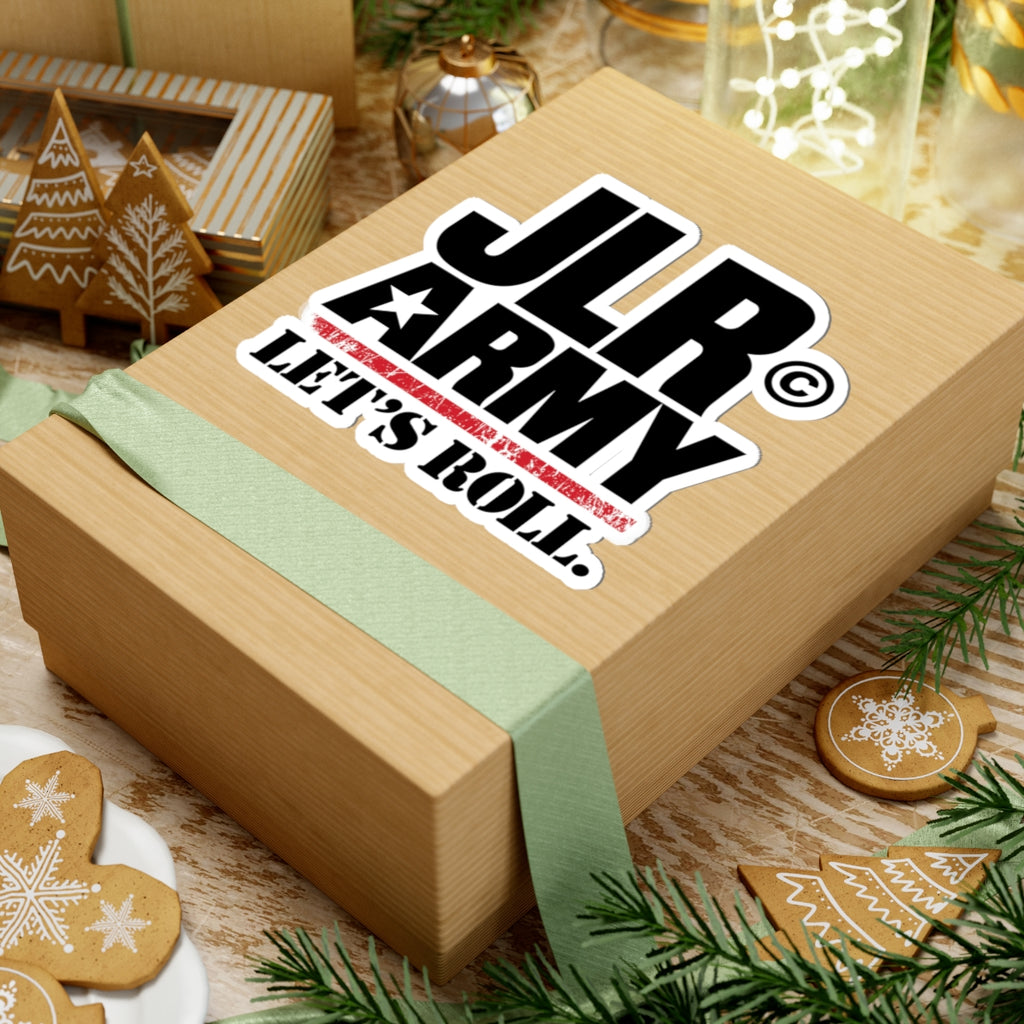 6 × 6 inch JLR© Army “LET’S ROLL.” vinyl sticker on a kraft gift box with green ribbon.