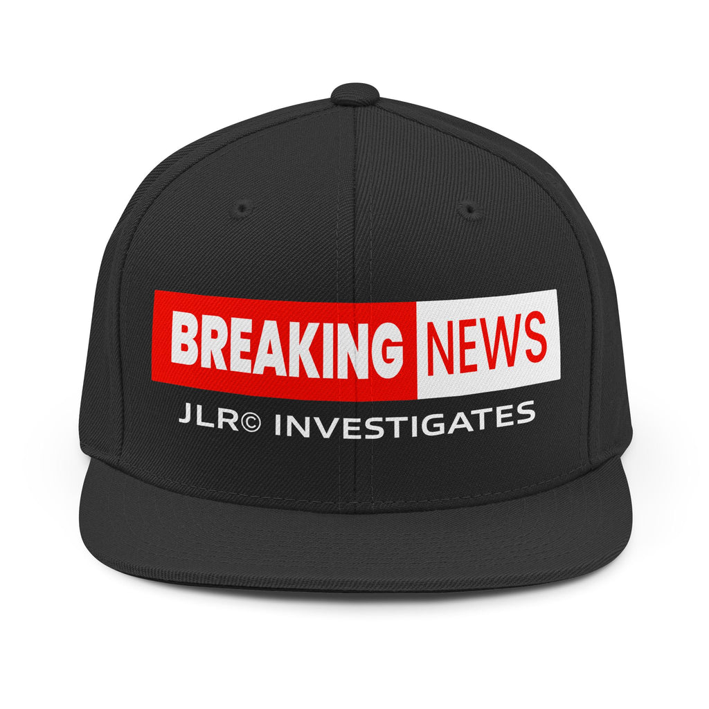 Black snapback hat showing the back panel and "Breaking News" JLR® Investigates logo on the front, rear three-quarter view