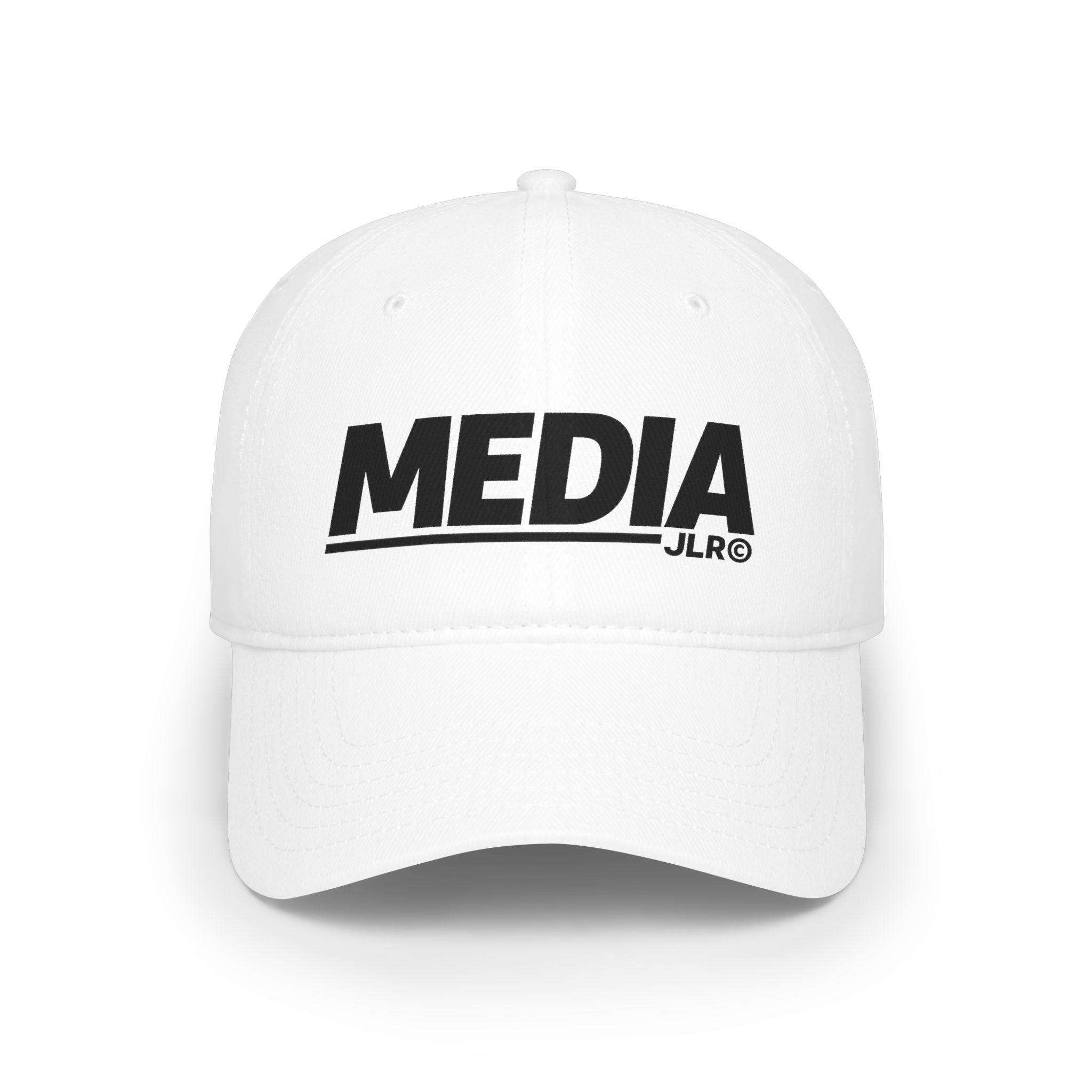 Media baseball cap in white with bold black MEDIA logo, front view — JLR Investigates