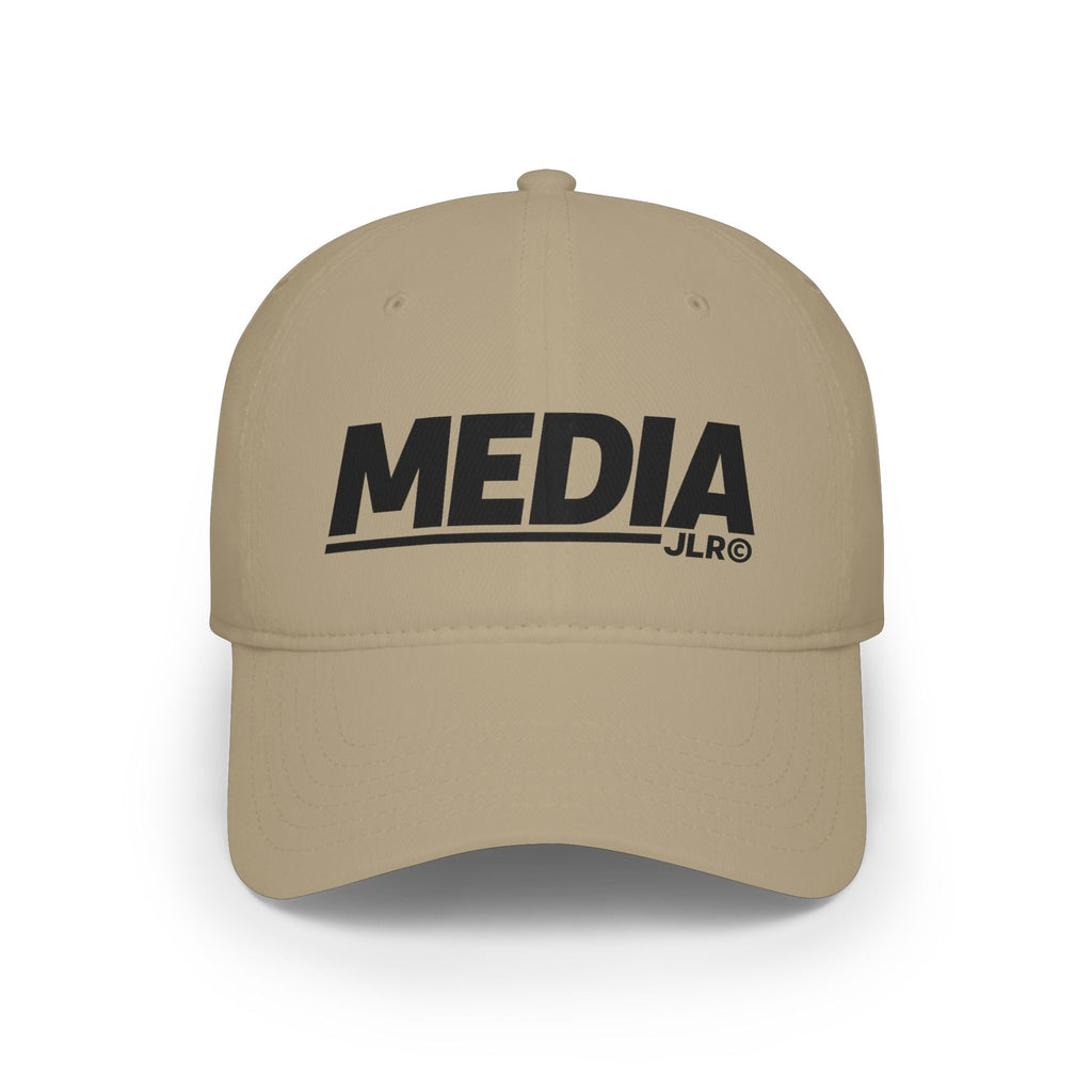 Media baseball cap in khaki with bold black MEDIA logo, front view — JLR Investigates