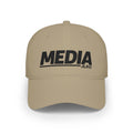 Media baseball cap in khaki with bold black MEDIA logo, front view — JLR Investigates