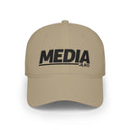 Media baseball cap in khaki with bold black MEDIA logo, front view — JLR Investigates