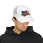 Model wearing white patriotic trucker hat with American flag graphic, side view