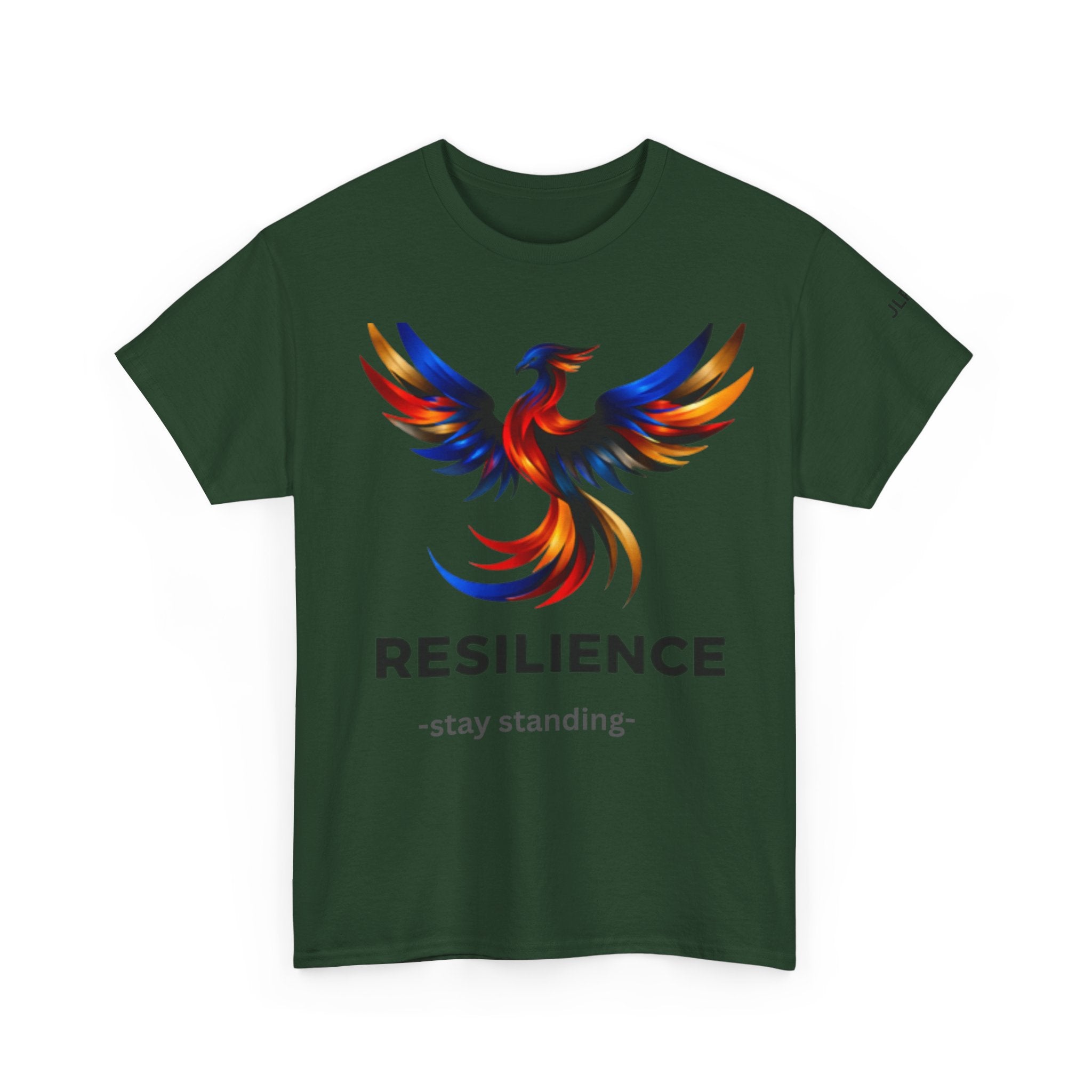 Dark green unisex t-shirt featuring a bold multicolor phoenix rising graphic with the word RESILIENCE and tagline 'Stay Standing' — JLR Investigates apparel