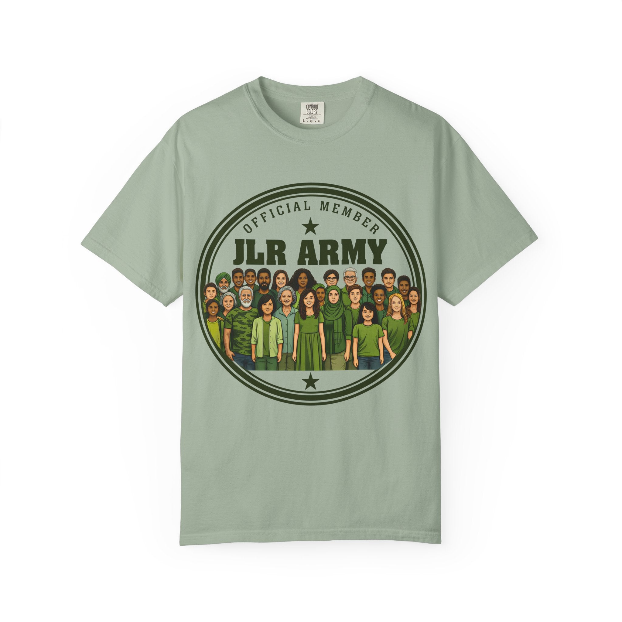 Green t-shirt with 'JLR Army' graphic on a white background