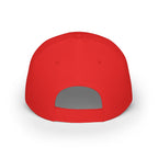 Back view of red Media baseball cap showing adjustable strap — JLR Investigates