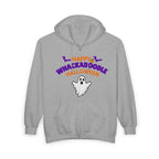Whackadoodle Halloween Full-Zip Hoodie in Sport Grey — front view with Happy Halloween ghost graphic