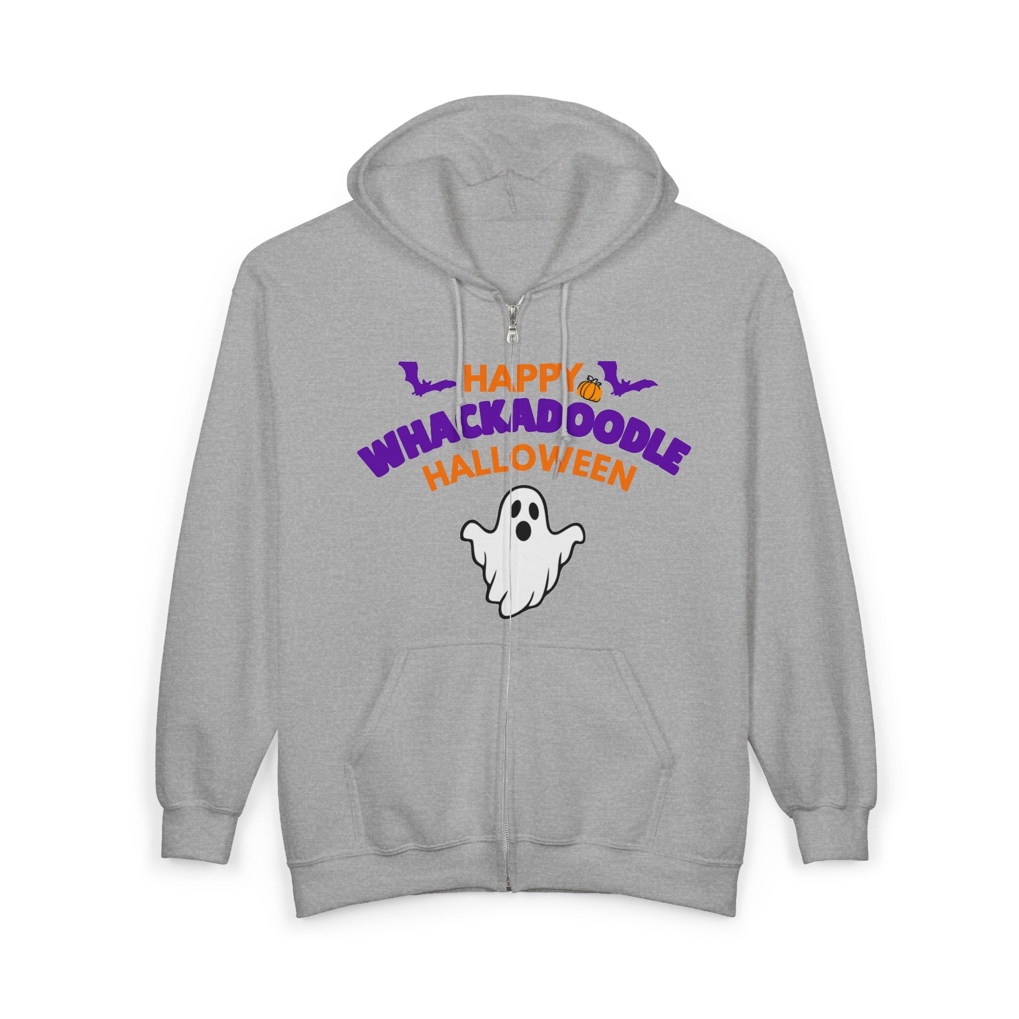 Whackadoodle Halloween Full-Zip Hoodie in Sport Grey — front view with Happy Halloween ghost graphic