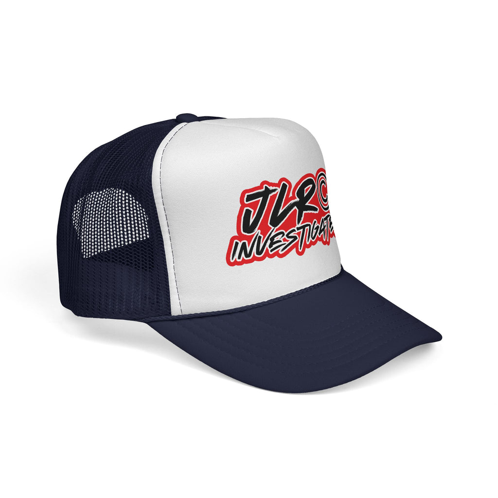 Trucker Cap — "JLR© Investigates" Retro Mesh Hat (Red, White & Blue)