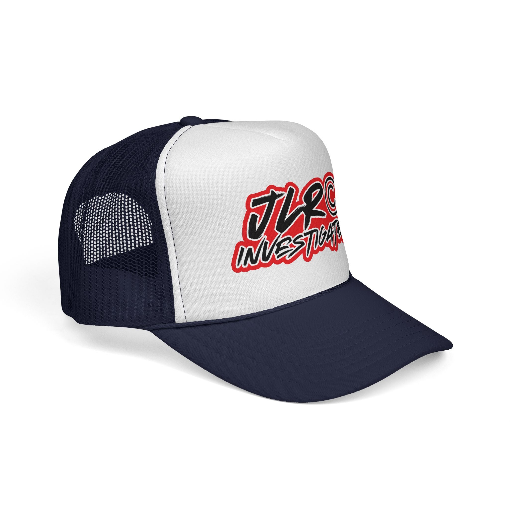 Trucker Cap — "JLR© Investigates" Retro Mesh Hat (Red, White & Blue)