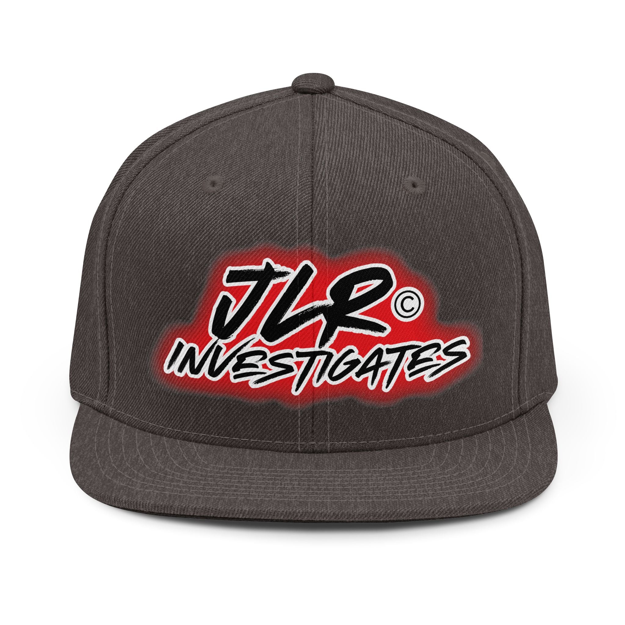 Heather Grey JLR© Investigates snapback hat with bold red and black logo on front panel, structured crown, flat brim, front angle view