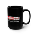 Black mug with 'Breaking News' and 'JLR Investigates' text on a white background