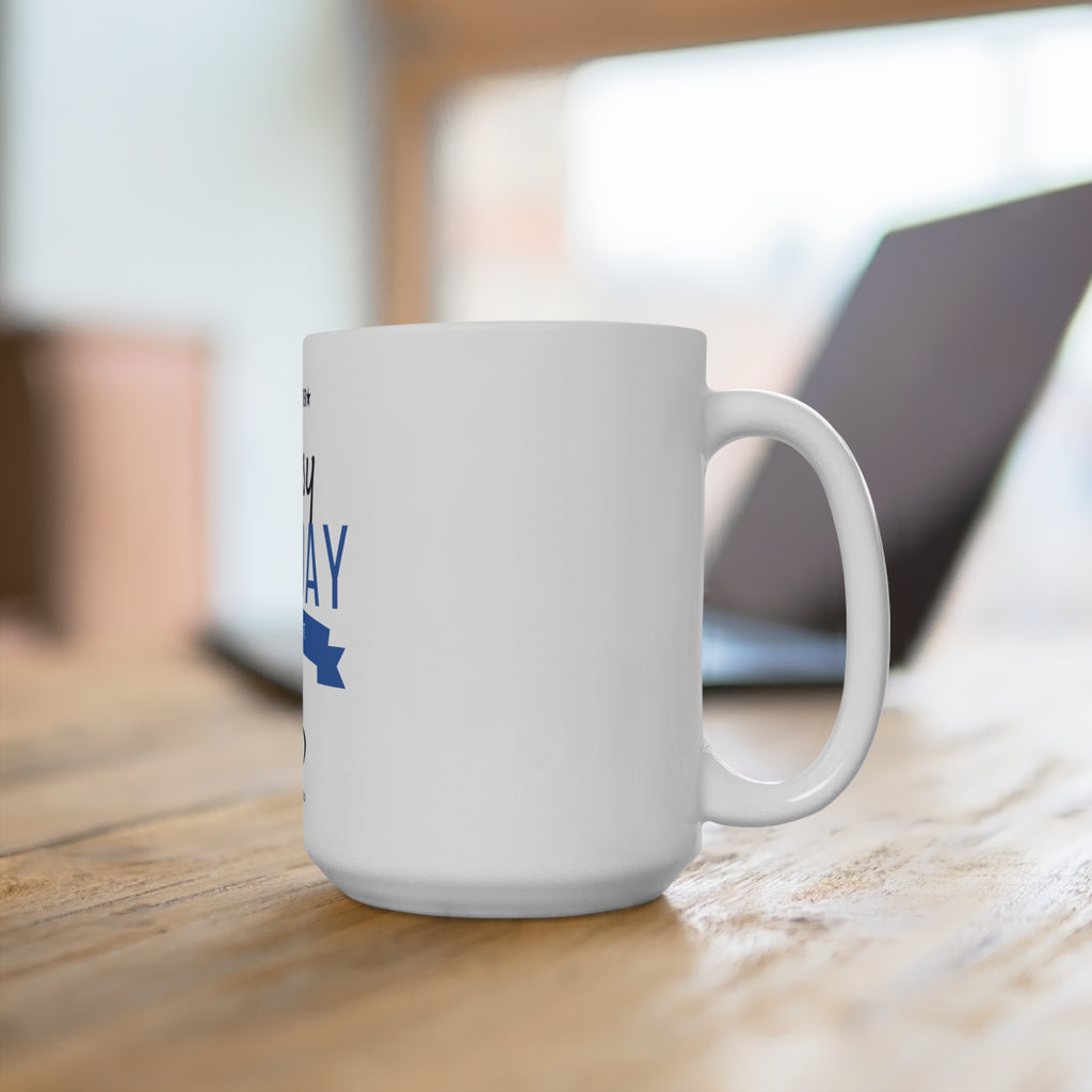 Messy Monday 15oz white ceramic coffee mug on a desk in a lifestyle setting
