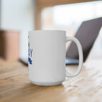 Messy Monday 15oz white ceramic coffee mug on a desk in a lifestyle setting