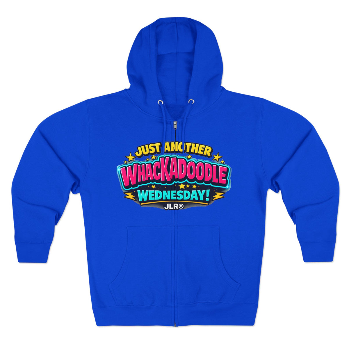Royal blue Whackadoodle Wednesday zip hoodie with colorful retro graphic and JLR© branding on chest