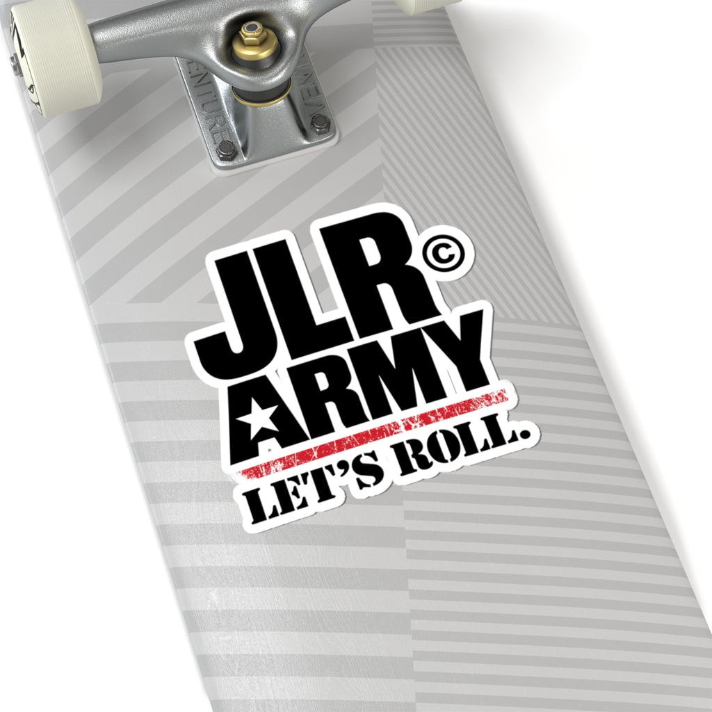 6 × 6 inch JLR© Army “LET’S ROLL.” vinyl sticker with white border on a grey skateboard.