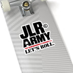 6 × 6 inch JLR© Army “LET’S ROLL.” vinyl sticker with white border on a grey skateboard.