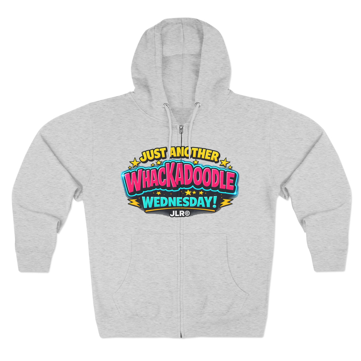 Heather grey Whackadoodle Wednesday zip hoodie with bold retro neon-style graphic and JLR© logo