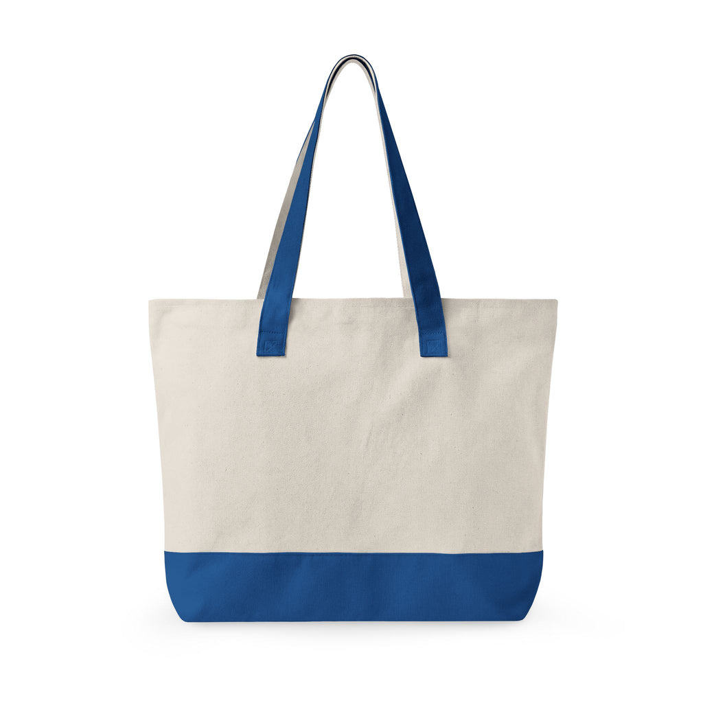 Back view of Beige tote bag with blue handles and bottom on a white background