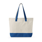 Back view of Beige tote bag with blue handles and bottom on a white background