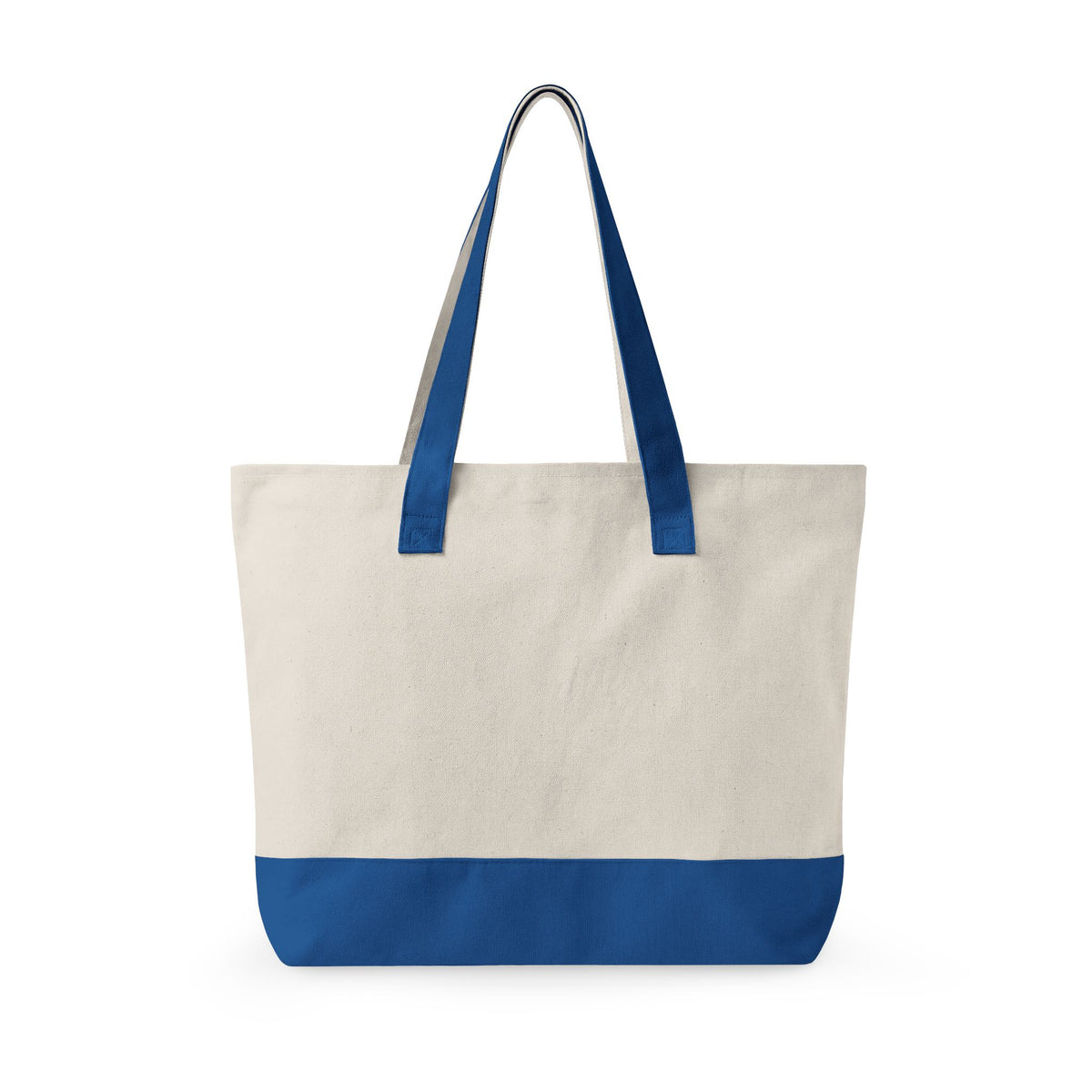 Back view of Beige tote bag with blue handles and bottom on a white background