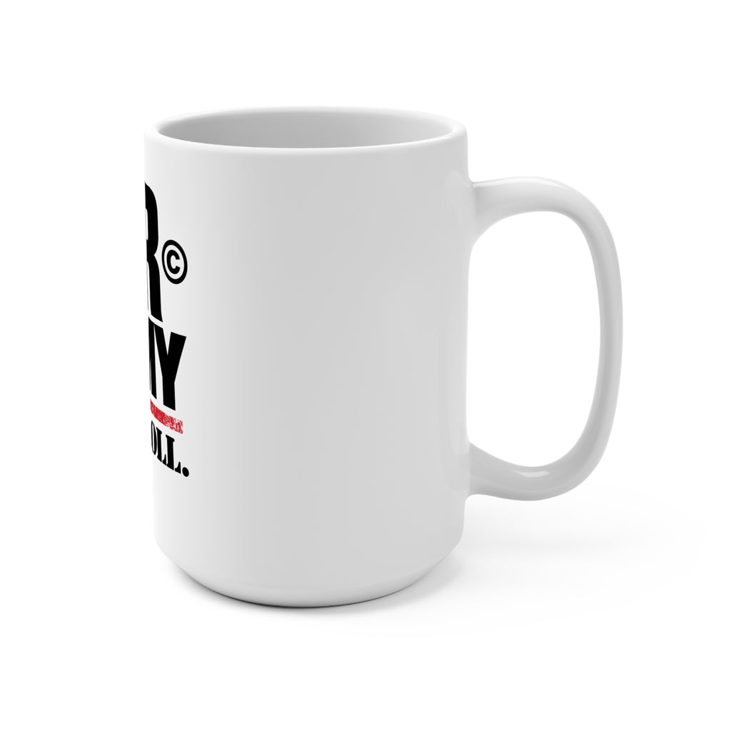 Side view with handle on right of White JLR© Army ‘Let’s Roll’ ceramic mug with bold black lettering, a star detail, and a distressed red stripe on a white background