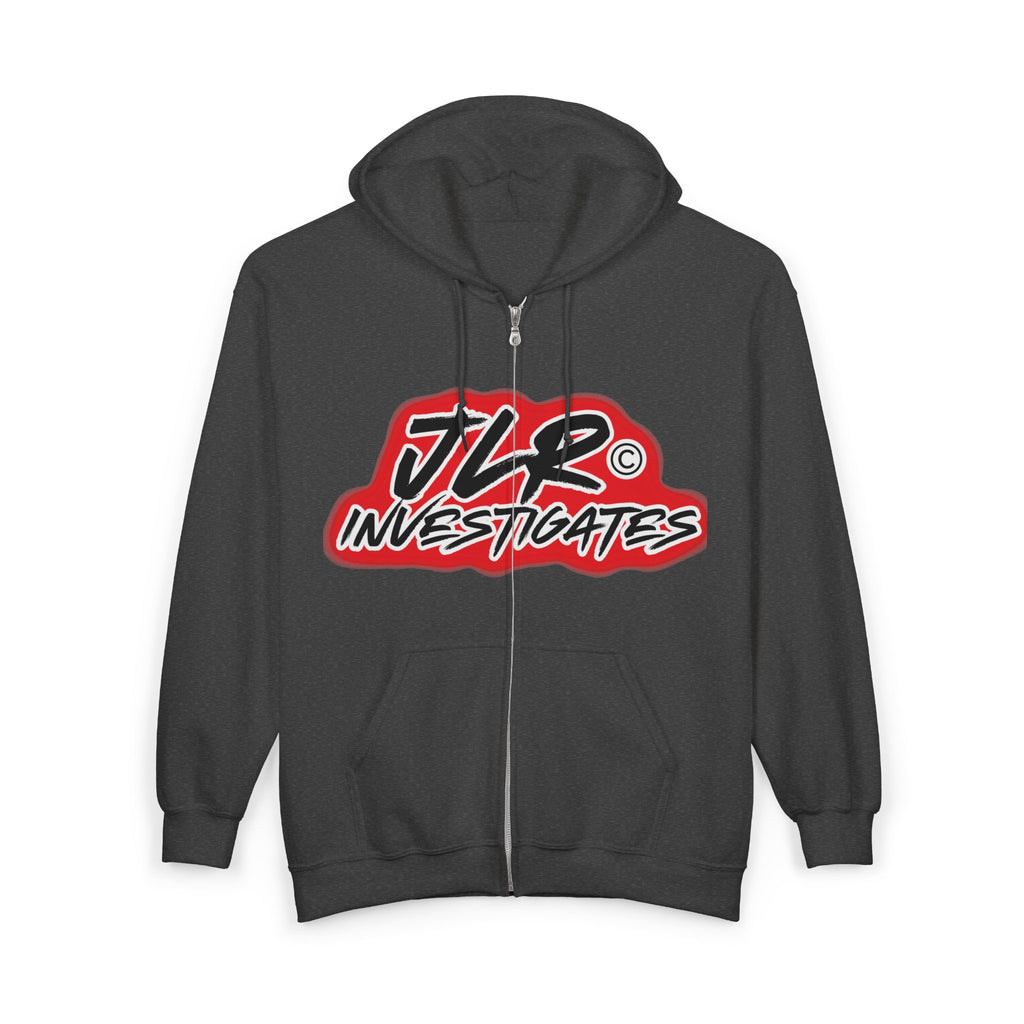 JLR© Investigates Dark Heather zip-up hoodie with bold red and white logo graphic on chest — front view