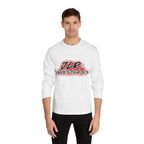 Man wearing White long sleeve unisex t-shirt featuring bold 'JLR© Investigates' graffiti-style logo in red, white, and black