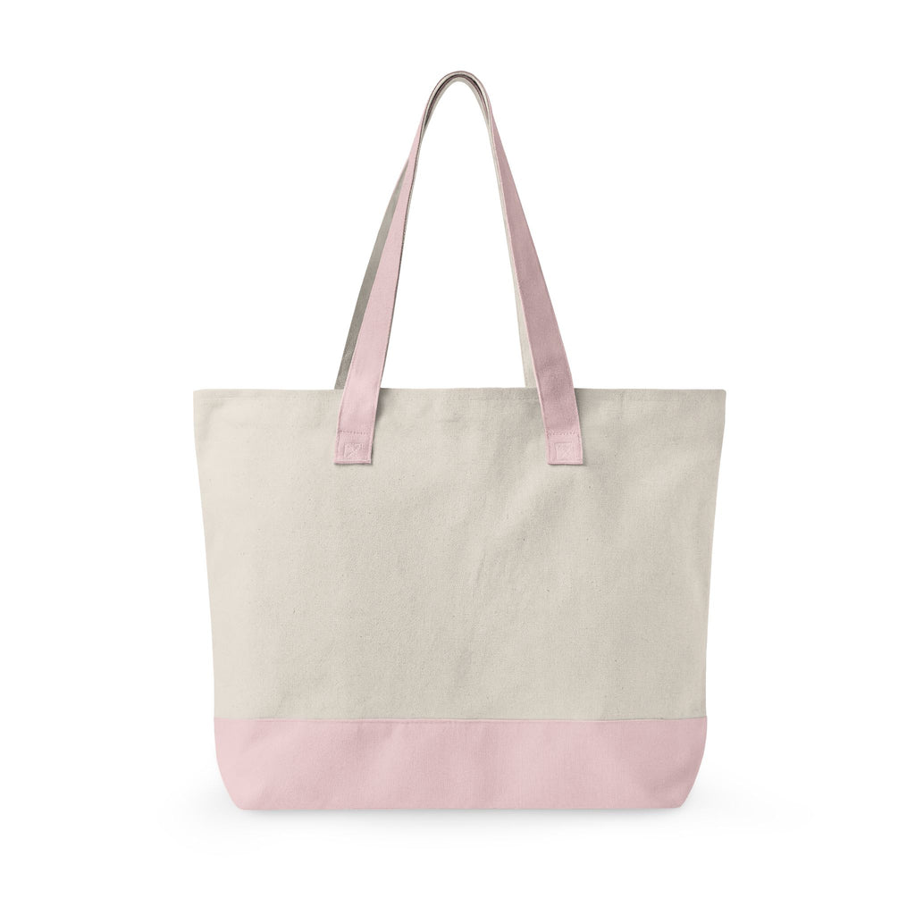 Back view of Beige tote bag with pink handles and bottom on a white background