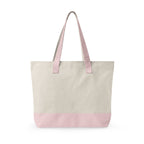 Back view of Beige tote bag with pink handles and bottom on a white background