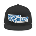What in the World? JLR© Investigates Unisex Snapback Hat in Black with bold blue graphic print on front panel