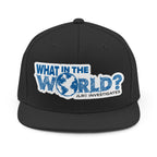 What in the World? JLR© Investigates Unisex Snapback Hat in Black with bold blue graphic print on front panel