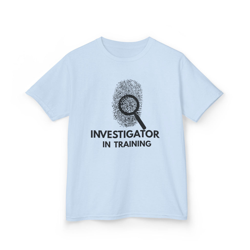 Investigator in Training Kids T-Shirt in Light Blue with fingerprint and magnifier graphic — youth sizes XS through XL